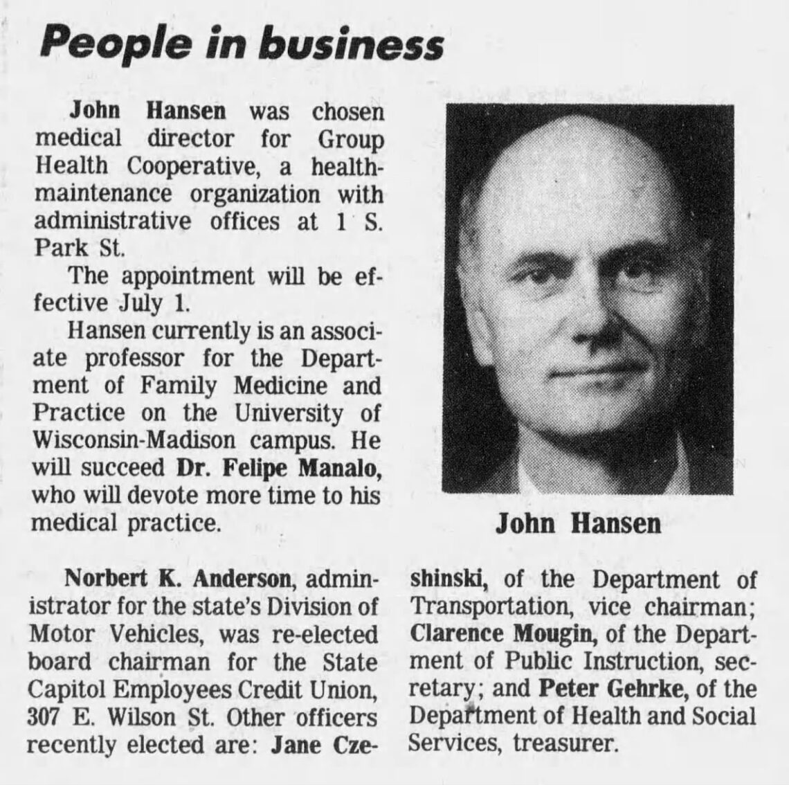 1985 newspaper - John Hansen