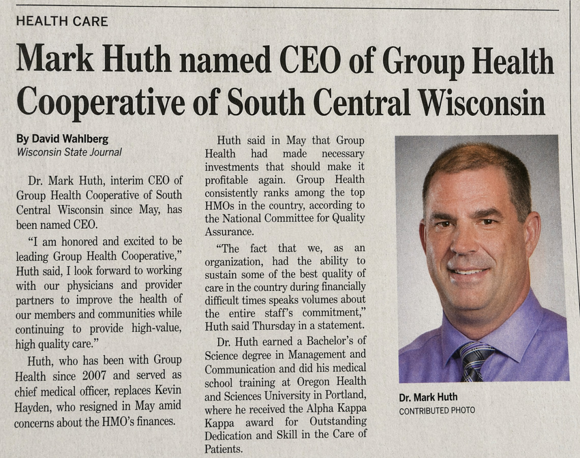 Dr. Mark Huth named CEO newspaper article